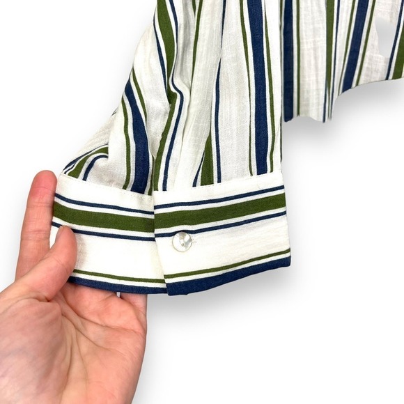 BESS Womens Top XL White Green Linen Blend 3/4 Sleeve Boxy Fit Button Down - Picture 2 of 11